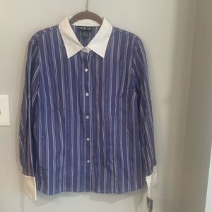 Style & Co Blue Pinstripe Stretch Shirt with Contrast Collar & Cuffs NWT Size 12